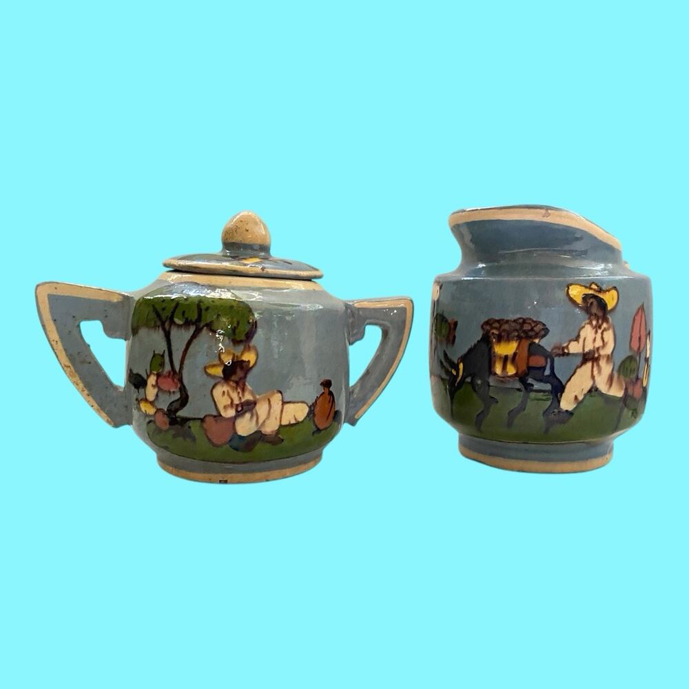 Tlaquepaque 1940s Blue Mexican Folk Art Sugar & Creamer Hand Made And Decorated